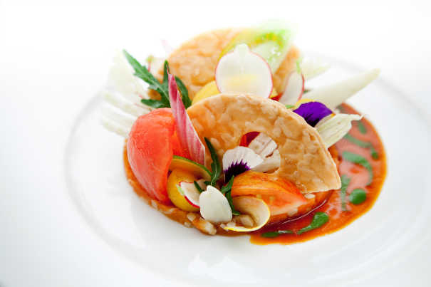 Raw and cooked VEGETABLES, Taggiasca olives, tomato syrup ©pierremonetta