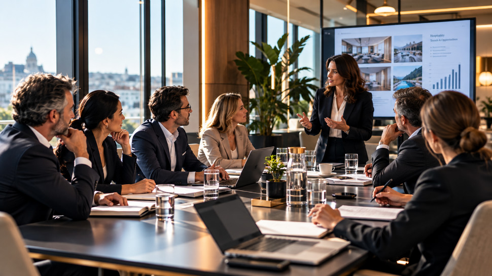 Réunion stratégique de professionnels dans un bureau moderne